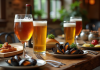 Table rustique avec bières belges et plats gourmets