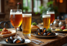 Table rustique avec bières belges et plats gourmets