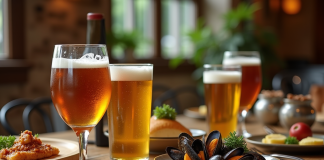 Table rustique avec bières belges et plats gourmets