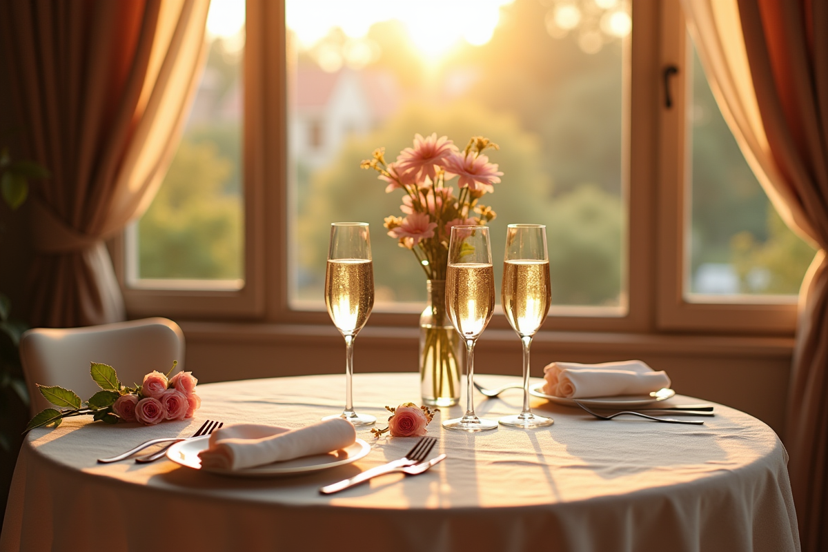 Table pour deux avec verres de champagne et fleurs délicates