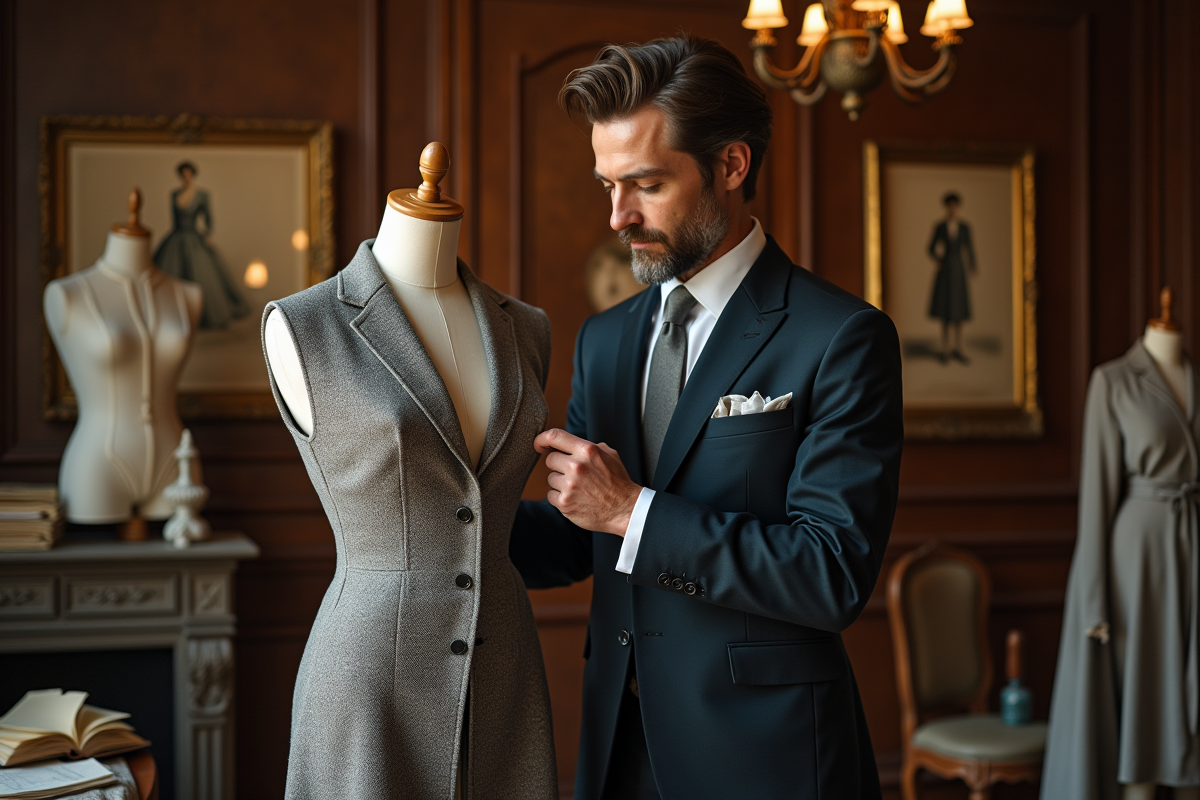 Tailleur ajustant un vêtement dans un atelier vintage