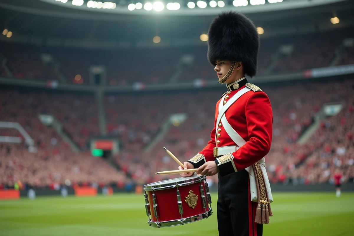 Tambour militaire en uniforme traditionnel sur le terrain d'un stade de football avant un match