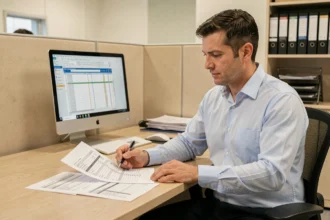 Technicien contractuel de la fonction publique analysant une grille indiciaire de salaire dans un bureau administratif