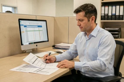 Technicien contractuel de la fonction publique analysant une grille indiciaire de salaire dans un bureau administratif