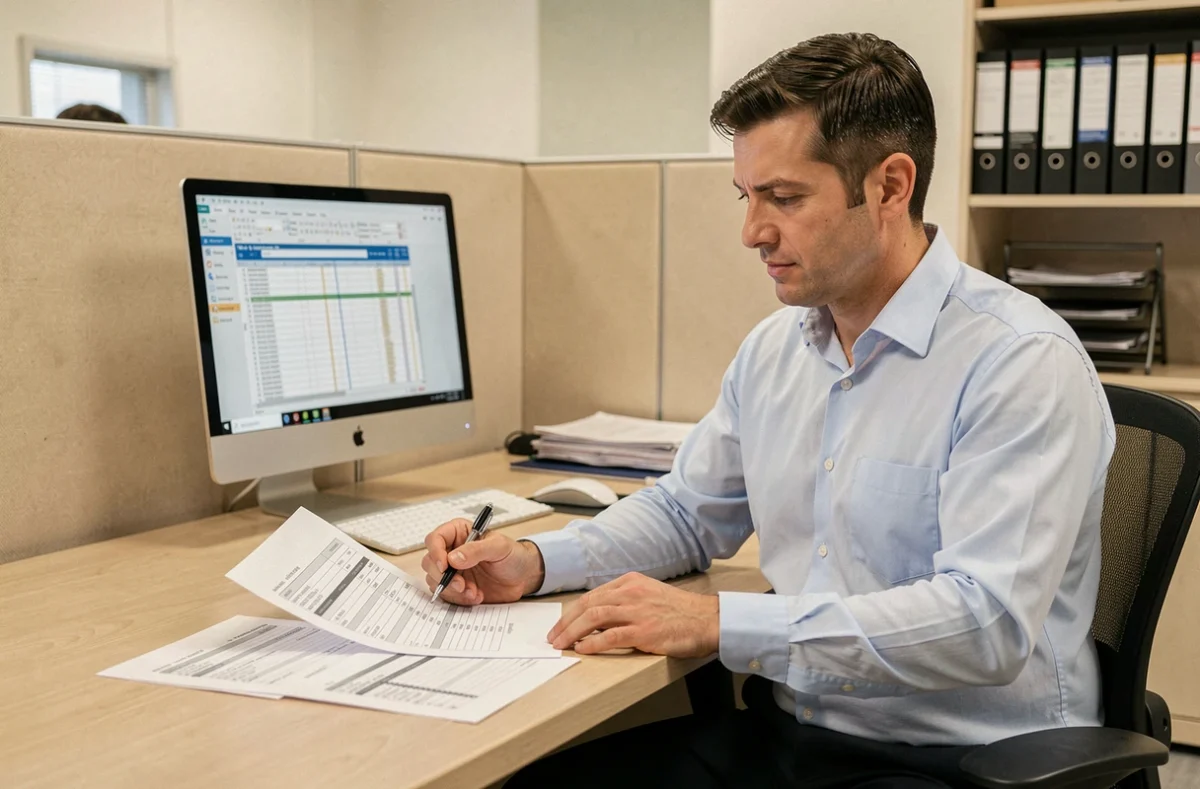 Technicien contractuel de la fonction publique analysant une grille indiciaire de salaire dans un bureau administratif