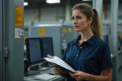 Technicienne effectuant un audit interne avec une checklist dans une station industrielle