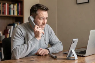 Homme comparant un téléphone fixe et une application smartphone Free à son bureau