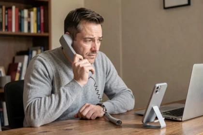 Homme comparant un téléphone fixe et une application smartphone Free à son bureau