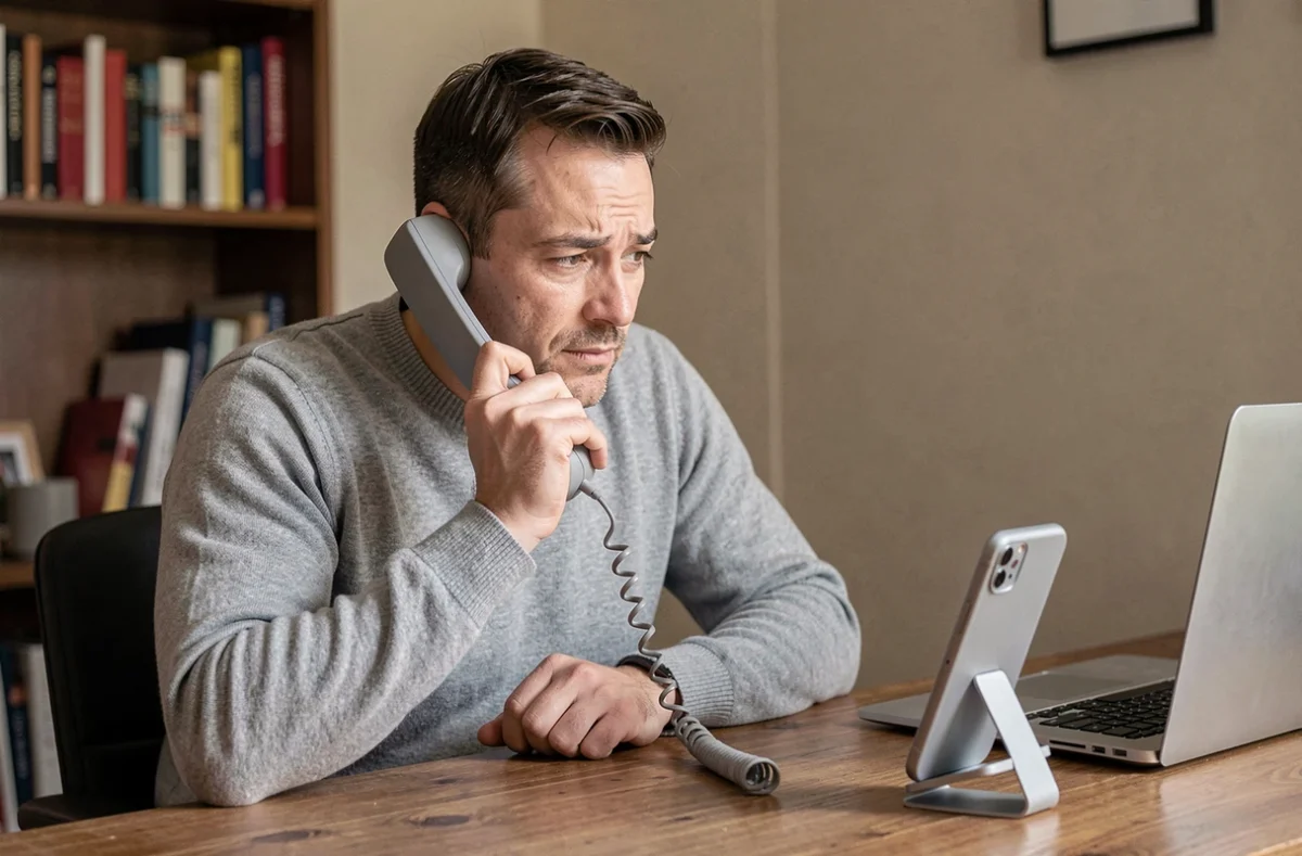 Homme comparant un téléphone fixe et une application smartphone Free à son bureau