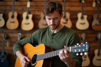 Homme testant une guitare acoustique Atlantic en magasin de musique, évaluant la qualité sonore et le toucher des cordes