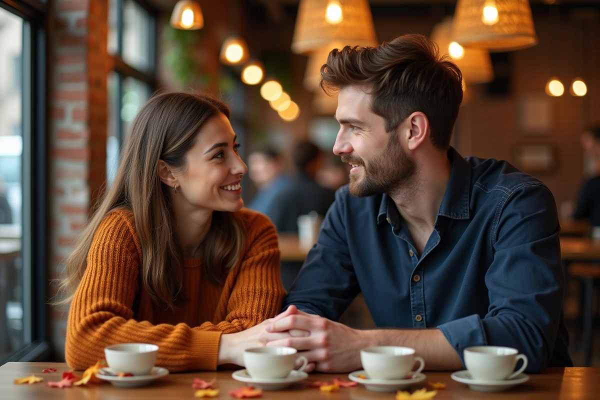 Couple complice partageant un moment intime autour d'un café, illustrant la compatibilité amoureuse du Tigre de Terre 1998
