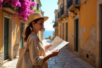 Touriste explorant une ruelle pittoresque du quartier Le Panier à Marseille avec une carte à la main