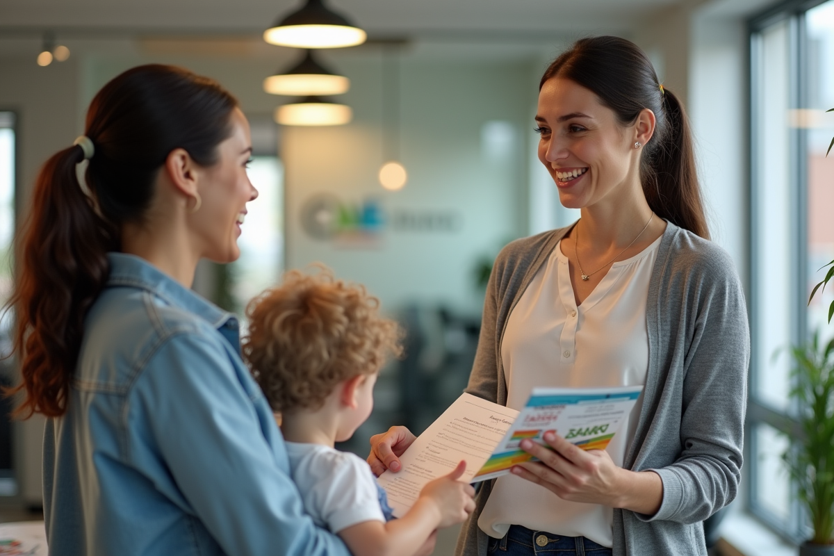 Travailleur social offrant une brochure à une mère avec enfant