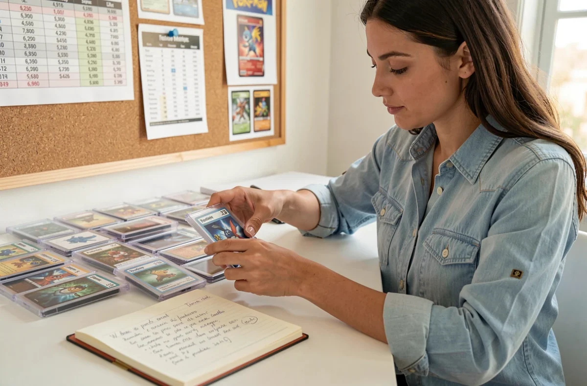 Femme triant des cartes Pokémon en fonction de leur état dans des protège-cartes et étuis de gradation