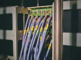 blue LAN cable plugged in green and black router