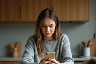 Femme vérifiant un numéro de téléphone inconnu sur son smartphone avec une expression méfiante