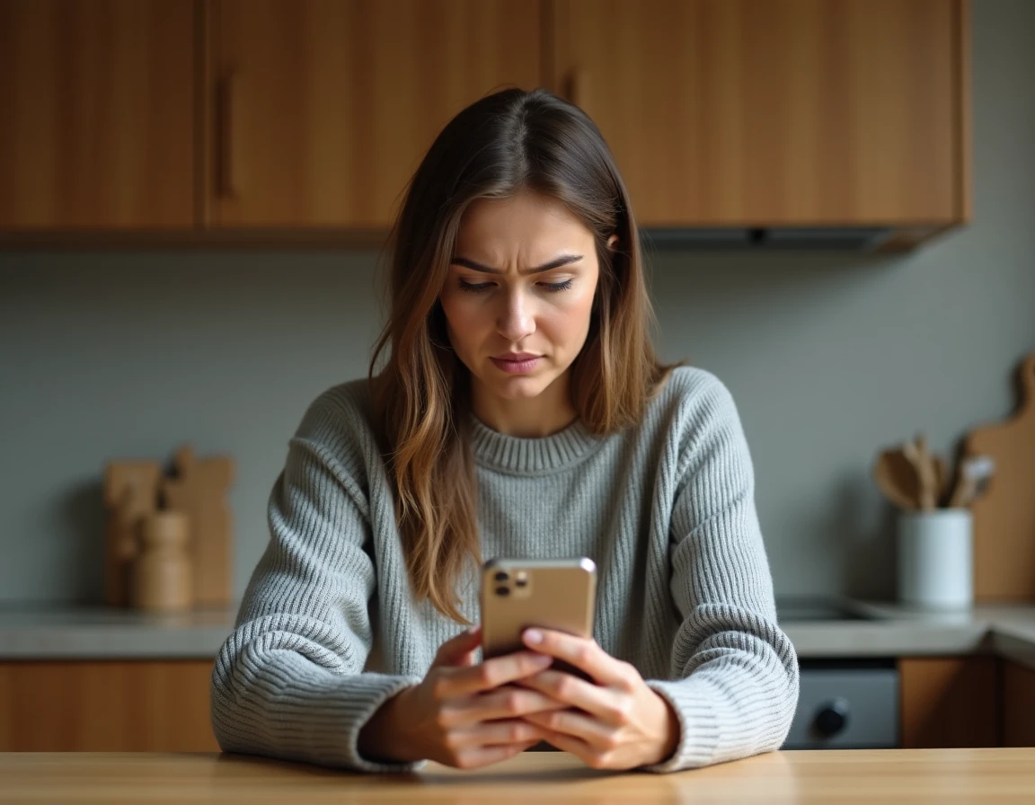 Femme vérifiant un numéro de téléphone inconnu sur son smartphone avec une expression méfiante
