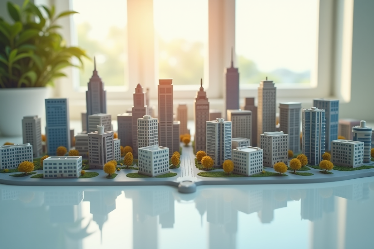 Ville miniature minutieusement réalisée sur une table blanche