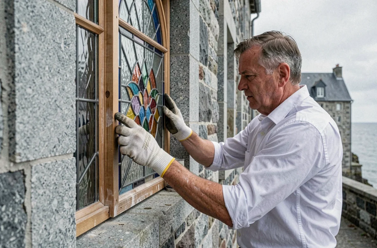 Artisan de la Vitrerie Malouine posant un vitrail sur mesure dans un bâtiment en granite près de Saint-Malo