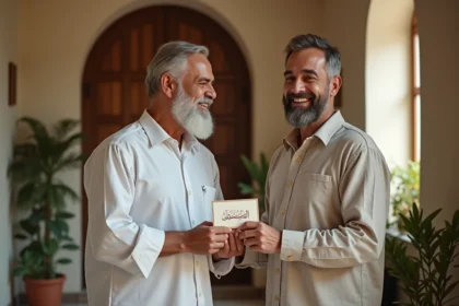 Deux hommes échangeant des vœux de bon Ramadan avec une carte calligraphiée dans un couloir chaleureux