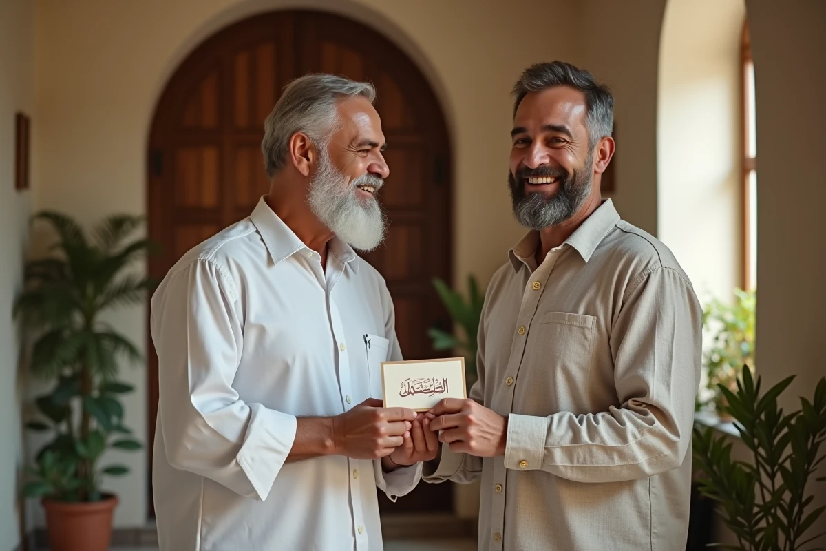 Deux hommes échangeant des vœux de bon Ramadan avec une carte calligraphiée dans un couloir chaleureux
