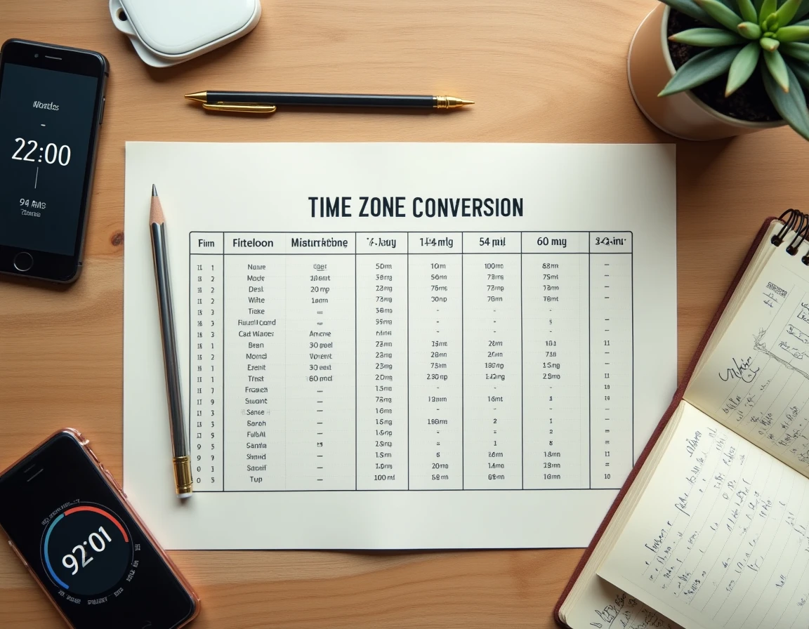 Vue aérienne d'un bureau avec tableau de conversion d'heure imprimé, smartphone affichant 22h00 heure de Paris et carnet de notes