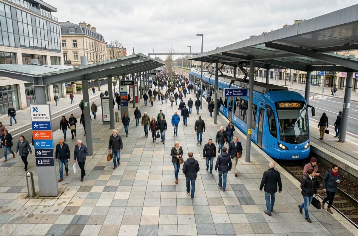 Vue d'ensemble d'un arrêt de la ligne 2 du tramway à Nantes avec passagers et rame