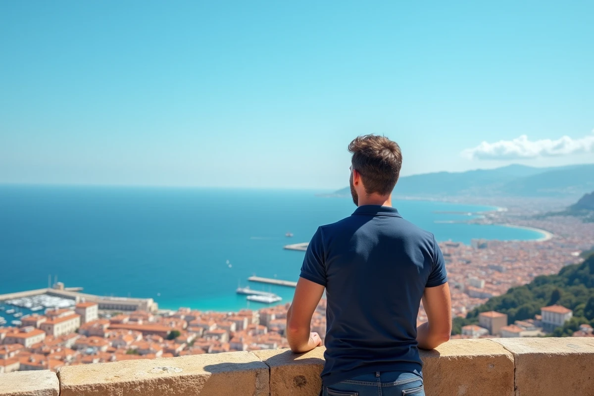 Vue panoramique sur le Vieux-Port de Marseille depuis la Basilique Notre-Dame de la Garde avec un touriste